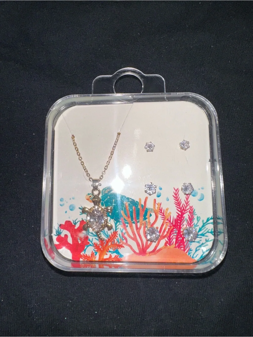Gold Turtle Pendant Necklace with Crystal Stud Earring Set - Gold